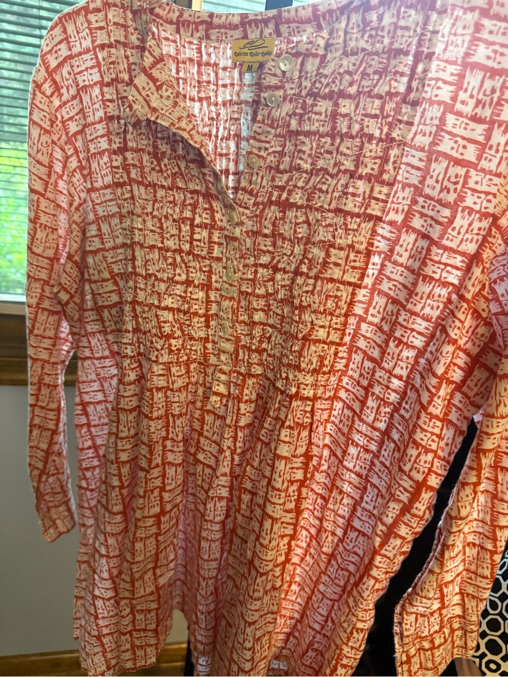 Coral and White Printed Button-Front Tunic